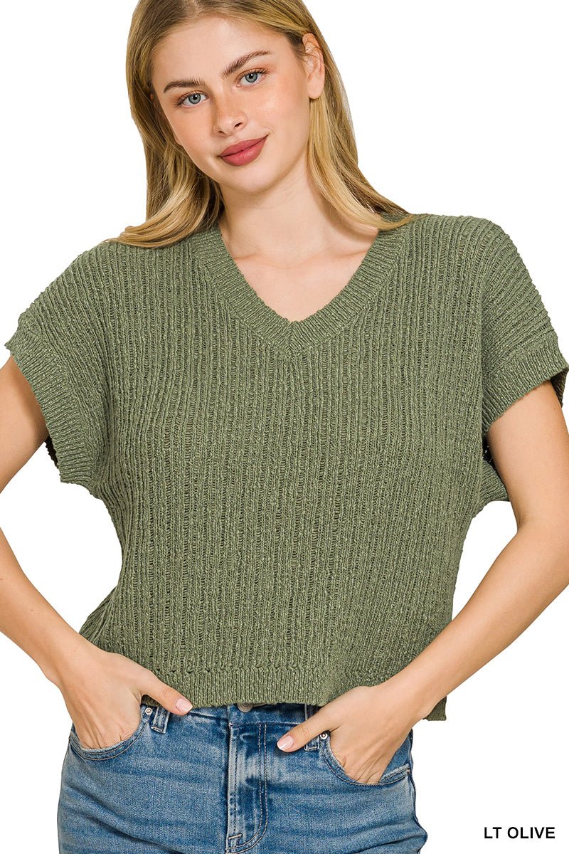 Light Olive Textured Knit V-Neck Cropped Sweater by Zenana Front View