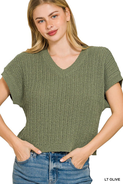 Light Olive Textured Knit V-Neck Cropped Sweater by Zenana Front View