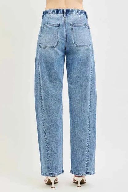 Light Wash Relaxed Fit Drawstring Waist Jeans by Risen