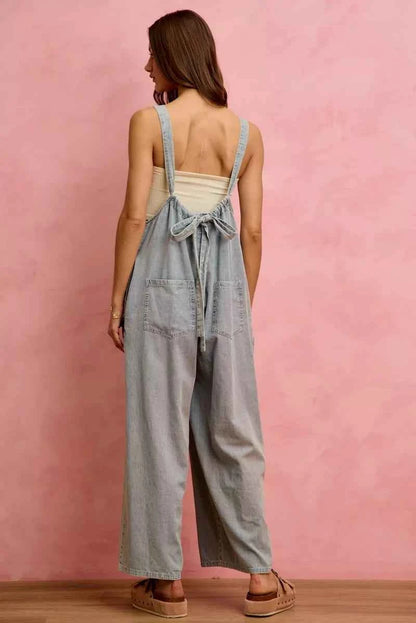Light Wash Wide Leg Lightweight Denim Overalls by So Me back View