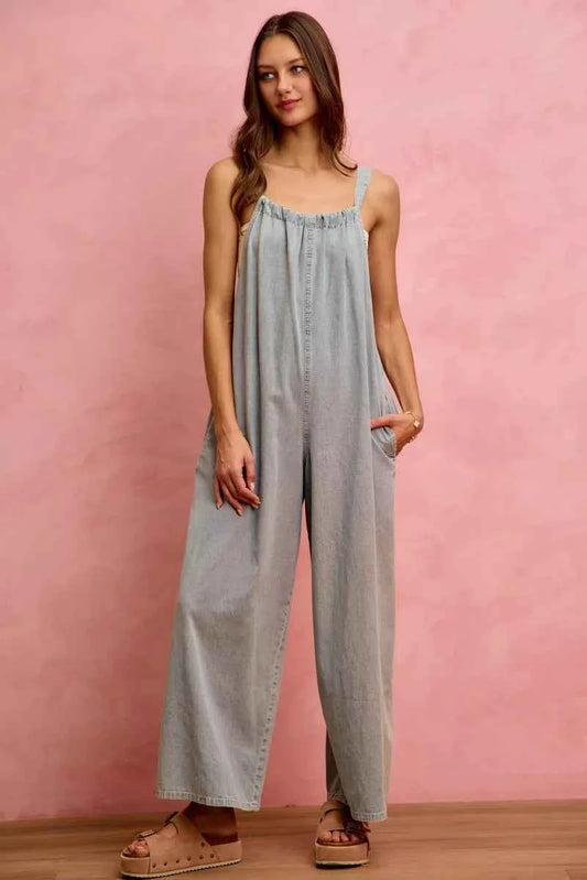 Light Wash Wide Leg Lightweight Denim Overalls by So Me Full View