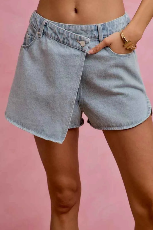Light Washed Vintage Finish Denim Wrap Skort by So Me