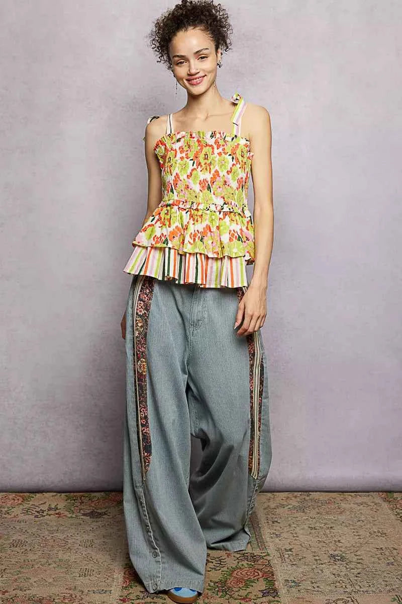 Lime Multi Floral Smocked Ruffled Cami with Tie Shoulder Straps by POL