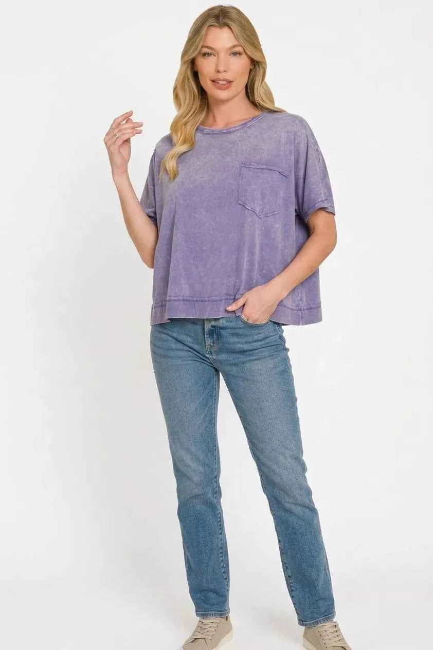 Marlin Acid Washed Round Neck Short Sleeve Oversized T-Shirt by Zenana Full View