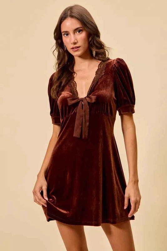 Mauve Velvet Short Sleeves Mini Dress w/ Bow by So Me Front View