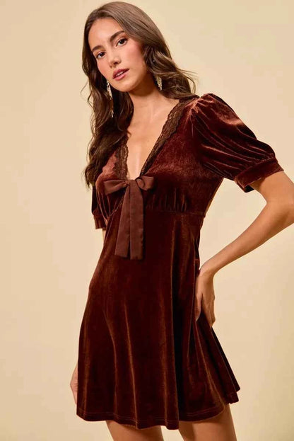 Mauve Velvet Short Sleeves Mini Dress w/ Bow by So Me Side View