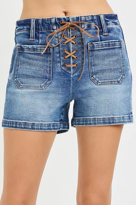 Med. Wash High Rise Front Tie Up Shorts with Patch Pockets by Risen Front View