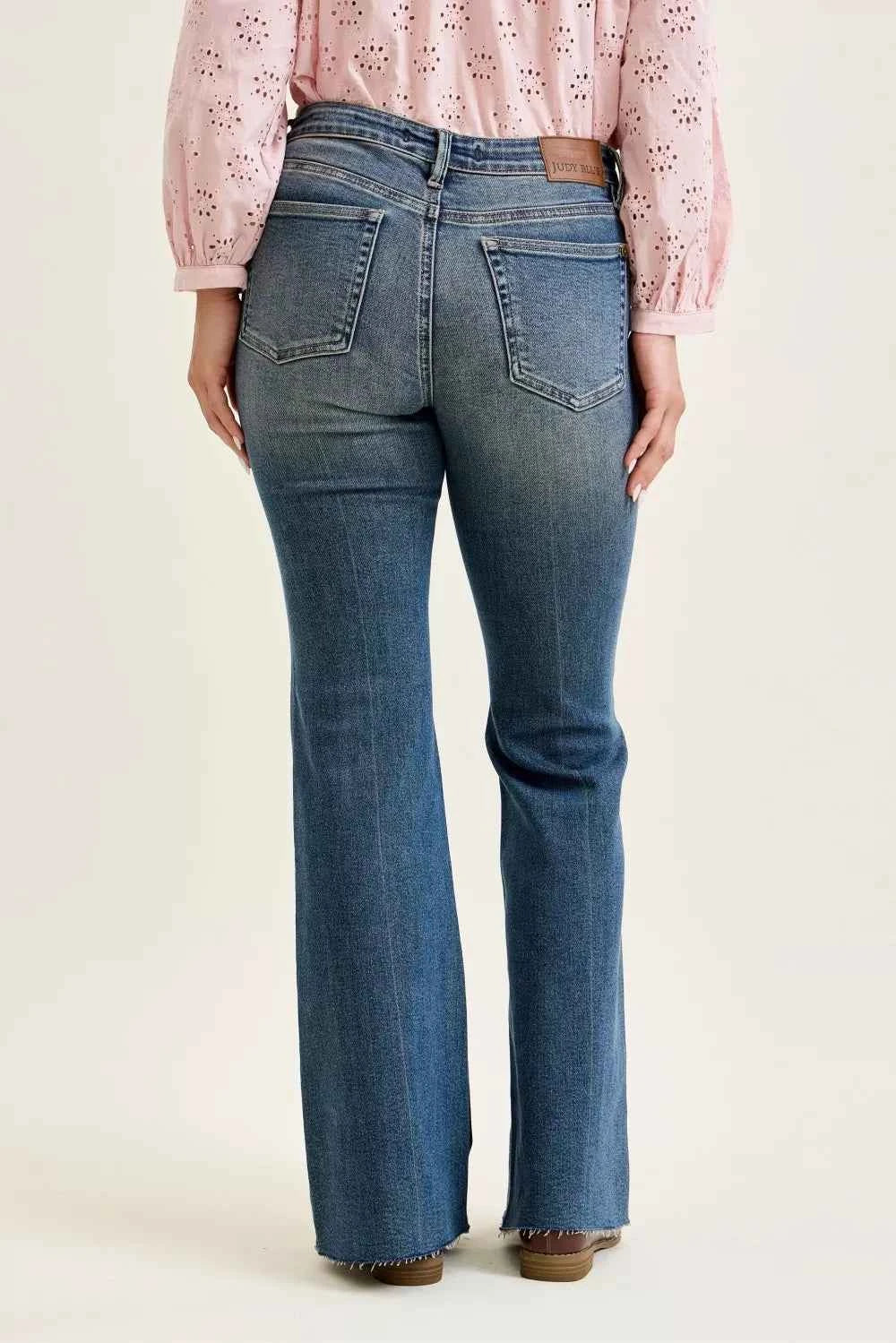 Judy Blue Mid Rise Flare Jeans with Front Flap Pockets Back View