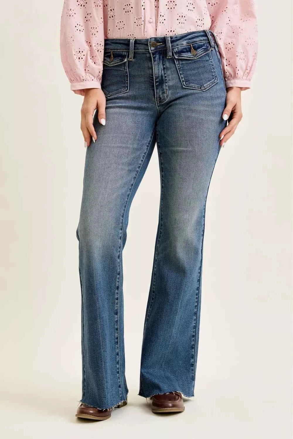 Judy Blue Mid Rise Flare Jeans with Front Flap Pockets Front View