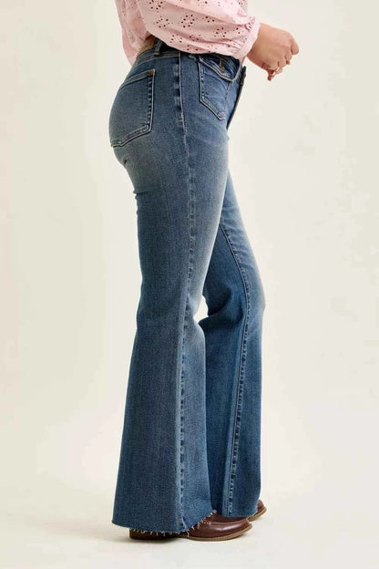 Judy Blue Mid Rise Flare Jeans with Front Flap Pockets Side View