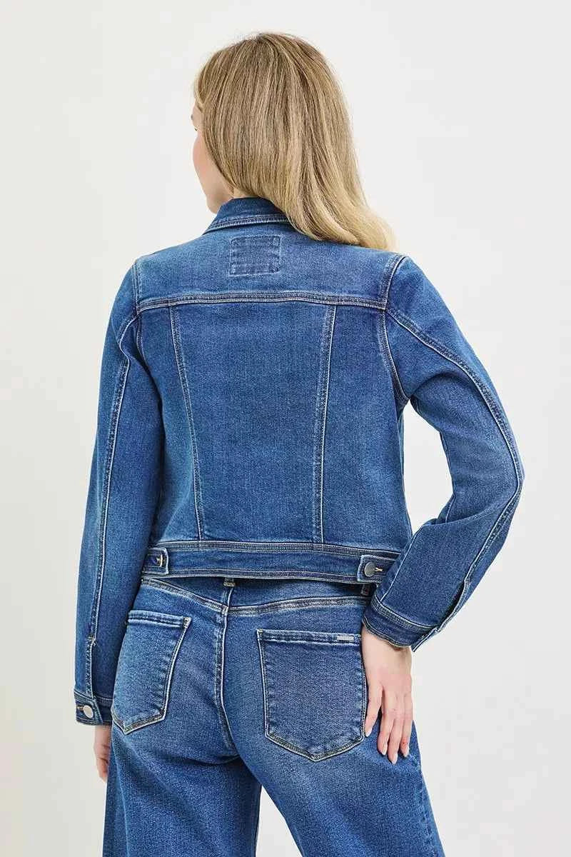 Medium Wash Basic Fitted Button Down Denim Jacket by Risen