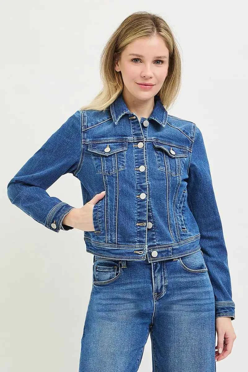 Medium Wash Basic Fitted Button Down Denim Jacket by Risen