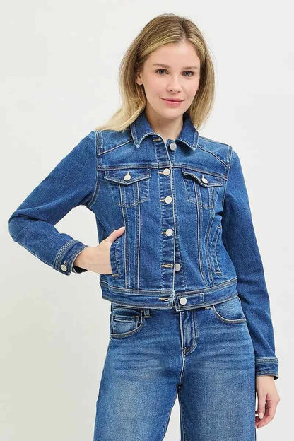 Medium Wash Basic Fitted Button Down Denim Jacket by Risen