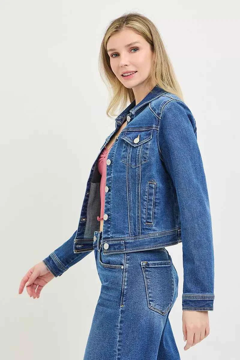 Medium Wash Basic Fitted Button Down Denim Jacket by Risen