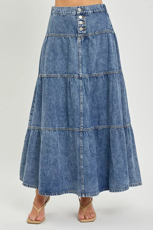 Medium Wash Buttoned High Rise Ruffle Maxi Skirt by Risen Front View
