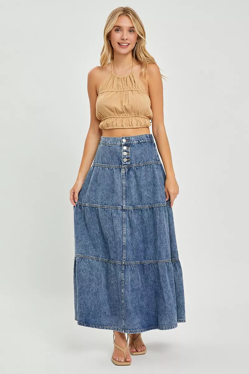 Medium Wash Buttoned High Rise Ruffle Maxi Skirt by Risen Full View
