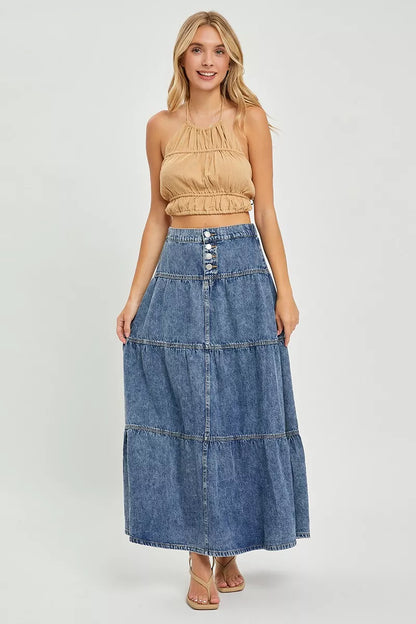 Medium Wash Buttoned High Rise Ruffle Maxi Skirt by Risen Full View