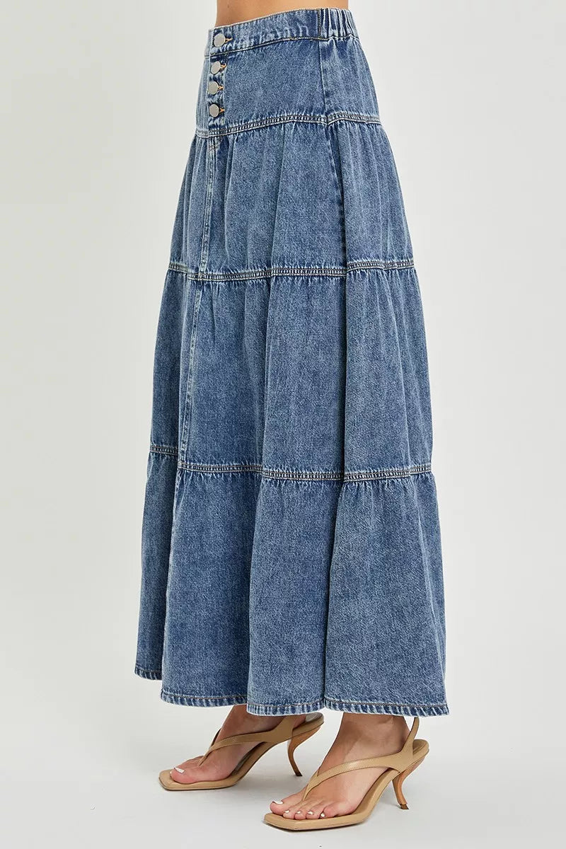 Medium Wash Buttoned High Rise Ruffle Maxi Skirt by Risen Side View