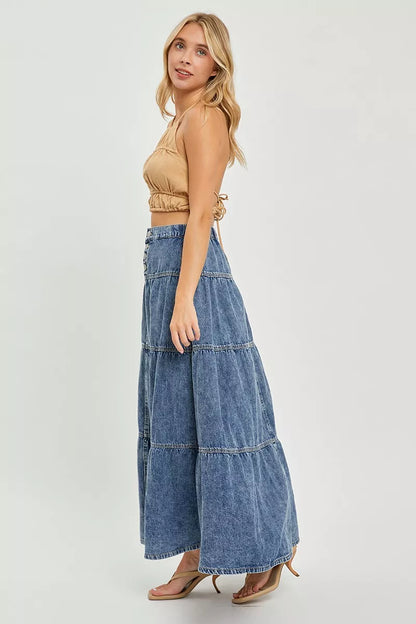 Medium Wash Buttoned High Rise Ruffle Maxi Skirt by Risen Side View 2