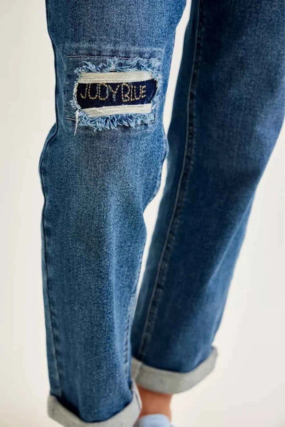 Judy Blue Mid Rise Boyfriend Embroidered Repair Patch Jeans Close View