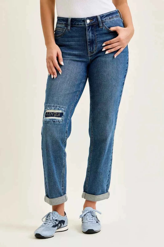 Medium Wash Mid Rise Boyfriend Embroidered Repair Patch Jeans by Judy Blue Front View