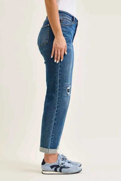 Medium Wash Mid Rise Boyfriend Embroidered Repair Patch Jeans by Judy Blue Side View
