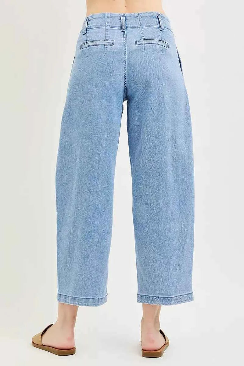 Medium Wash Slouchy Crop Barrel Pleated Jeans by Risen