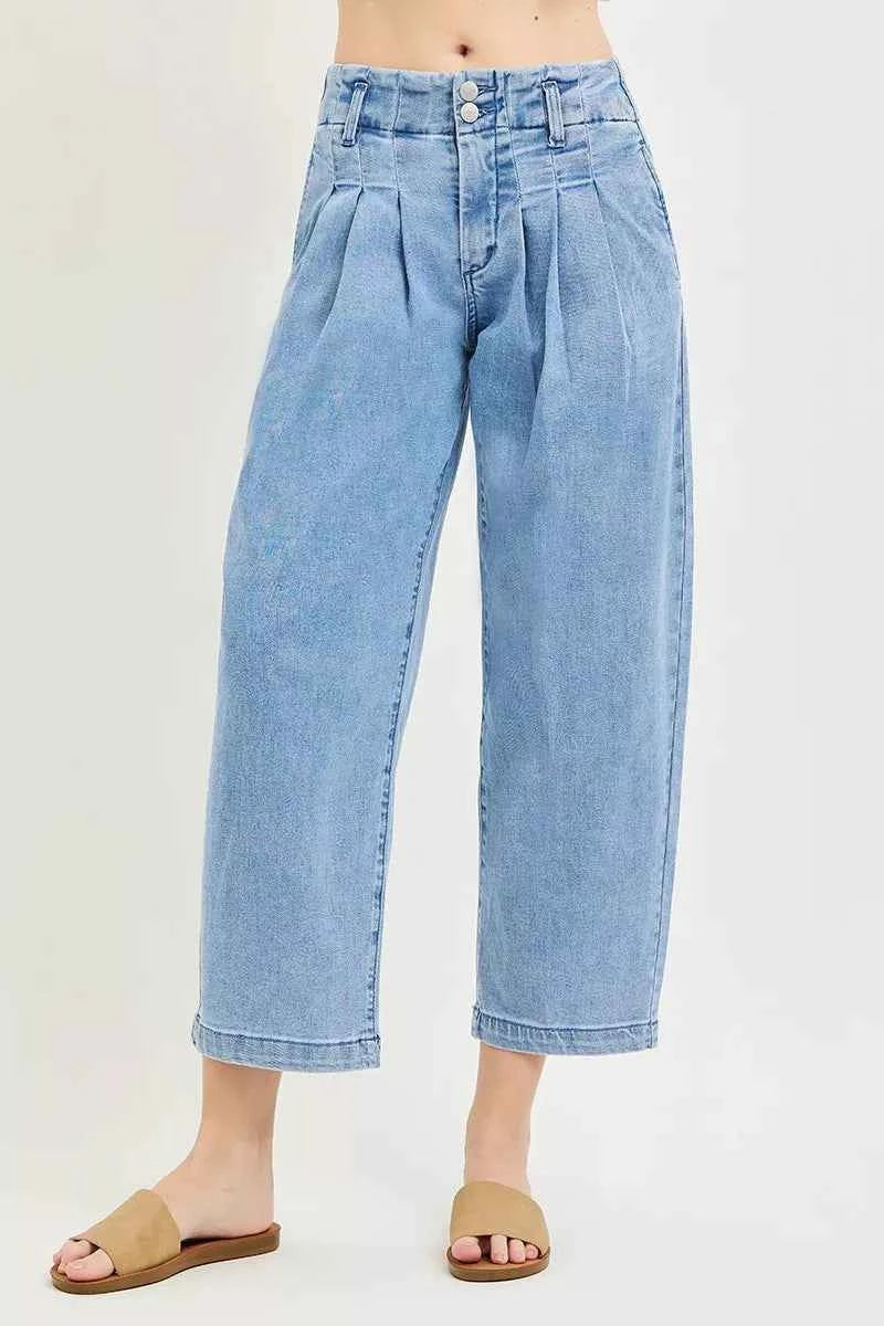 Medium Wash Slouchy Crop Barrel Pleated Jeans by Risen