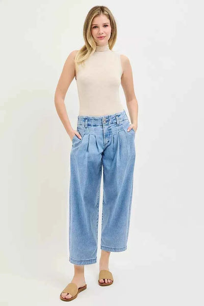 Medium Wash Slouchy Crop Barrel Pleated Jeans by Risen