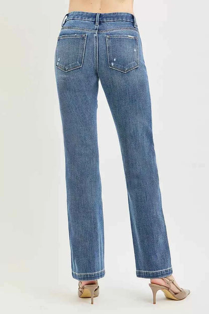 Medium Wash Tummy Control 4-Way Stretch Mid Rise Straight Crease Line|Risen