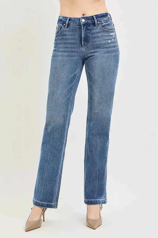 Medium Wash Tummy Control 4-Way Stretch Mid Rise Straight Crease Line|Risen