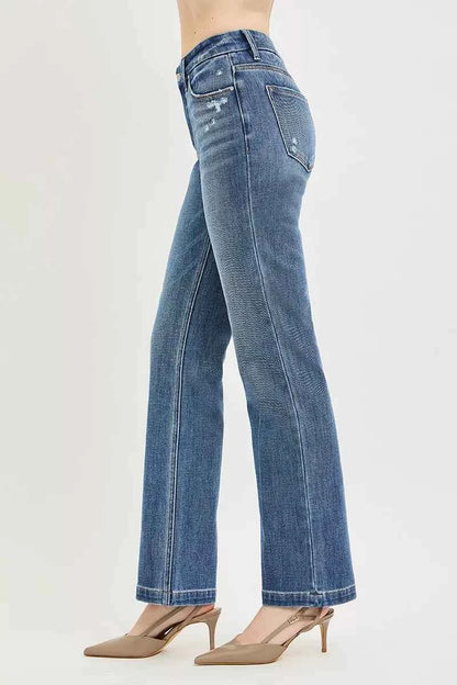 Medium Wash Tummy Control 4-Way Stretch Mid Rise Straight Crease Line|Risen
