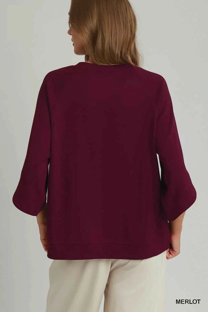 Merlot Luxe Knit Round Hem Raglan 3/4 Sleeve Top by Umgee