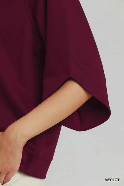 Merlot Luxe Knit Round Hem Raglan 3/4 Sleeve Top by Umgee
