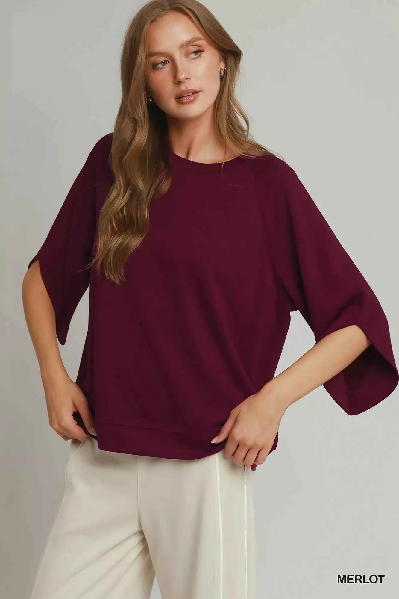 Merlot Luxe Knit Round Hem Raglan 3/4 Sleeve Top by Umgee