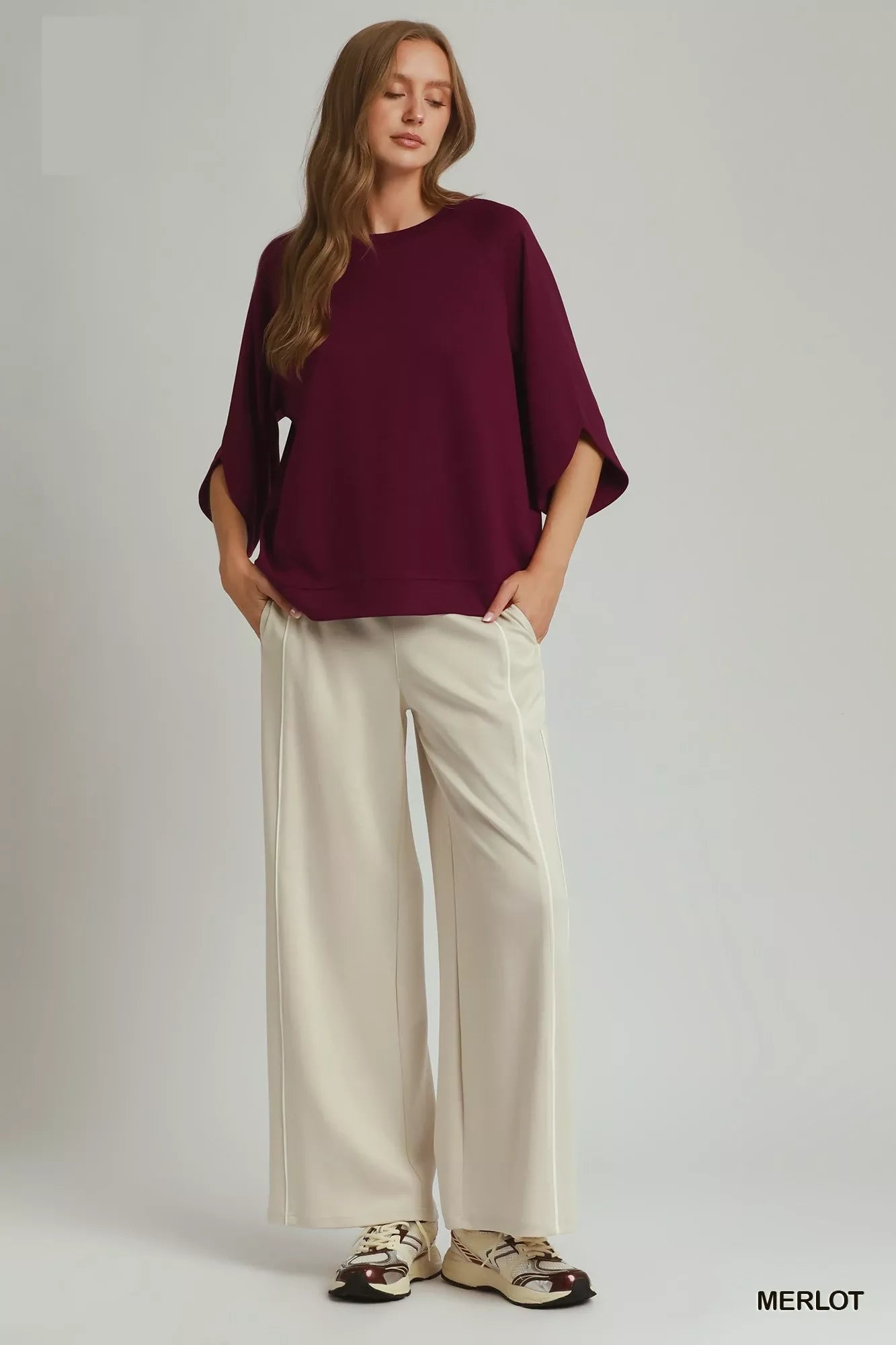 Merlot Luxe Knit Round Hem Raglan 3/4 Sleeve Top by Umgee Full View