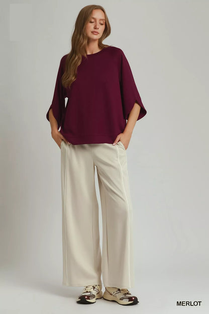 Merlot Luxe Knit Round Hem Raglan 3/4 Sleeve Top by Umgee Full View