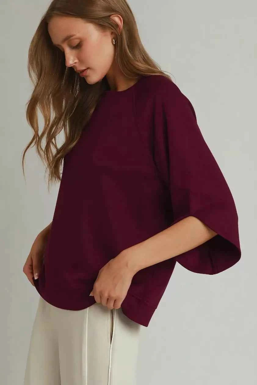 Merlot Luxe Knit Round Hem Raglan 3/4 Sleeve Top by Umgee
