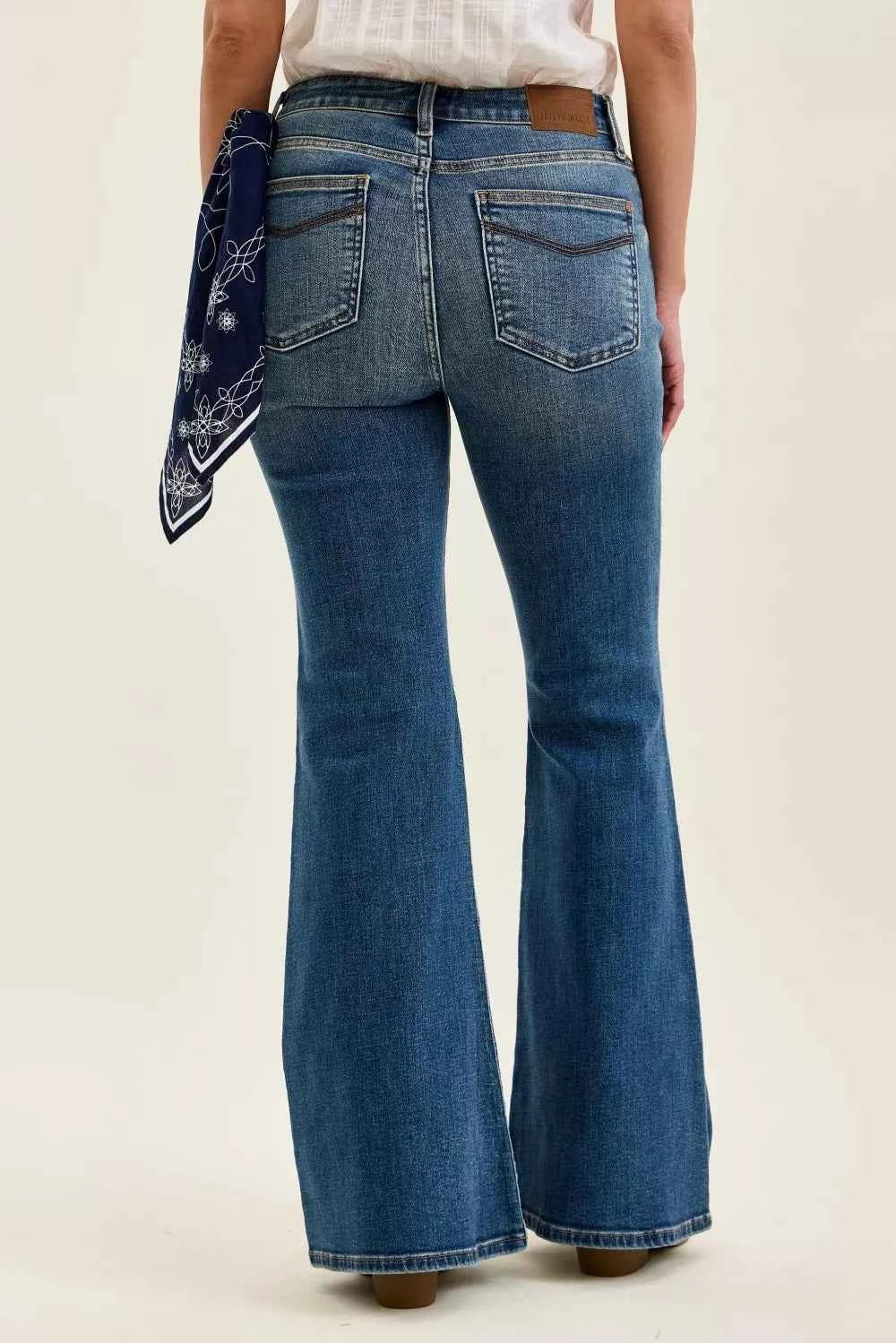 Mid Rise Jaqueline Flare w/ Triple Needle Back Pkts & Bandana Loop |Judy Blue
