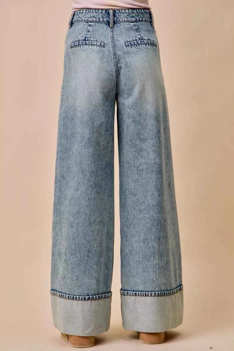 Mid Rise Pleated Wide Leg Denim Jean by So Me Back View