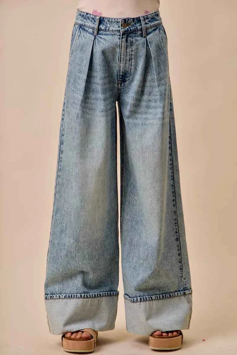 Mid Rise Pleated Wide Leg Denim Jean by So Me Front view
