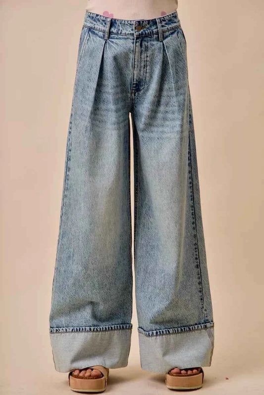 Mid Rise Pleated Wide Leg Denim Jean by So Me Front view