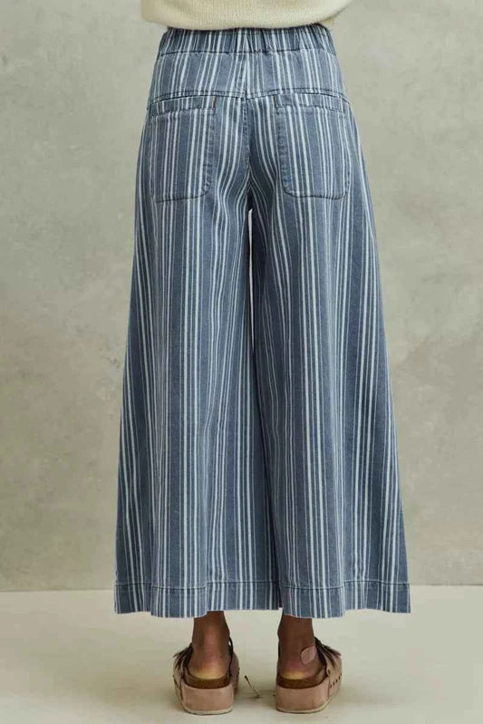 Mid Rise Stripe Denim Washed Pleat Wide Leg Pants w/ Pockets by SO ME Back View