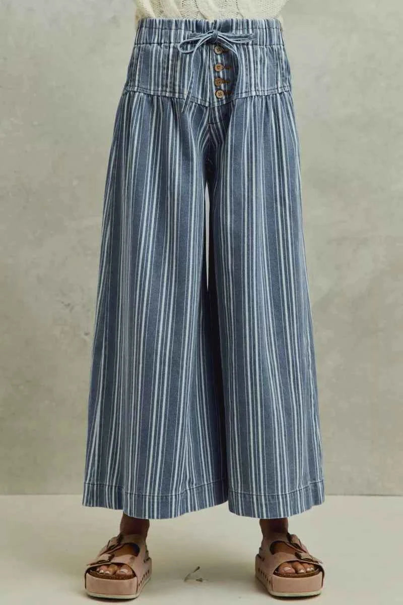 Mid Rise Stripe Denim Washed Pleat Wide Leg Pants w/ Pockets by SO ME Front View