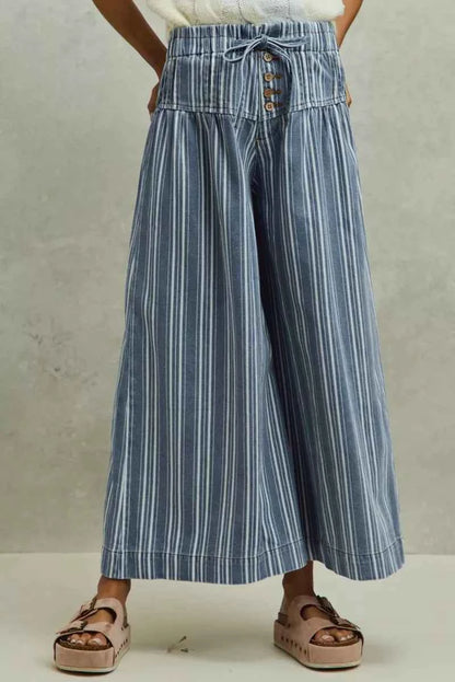 Mid Rise Stripe Denim Washed Pleat Wide Leg Pants w/ Pockets by SO ME Front View 2