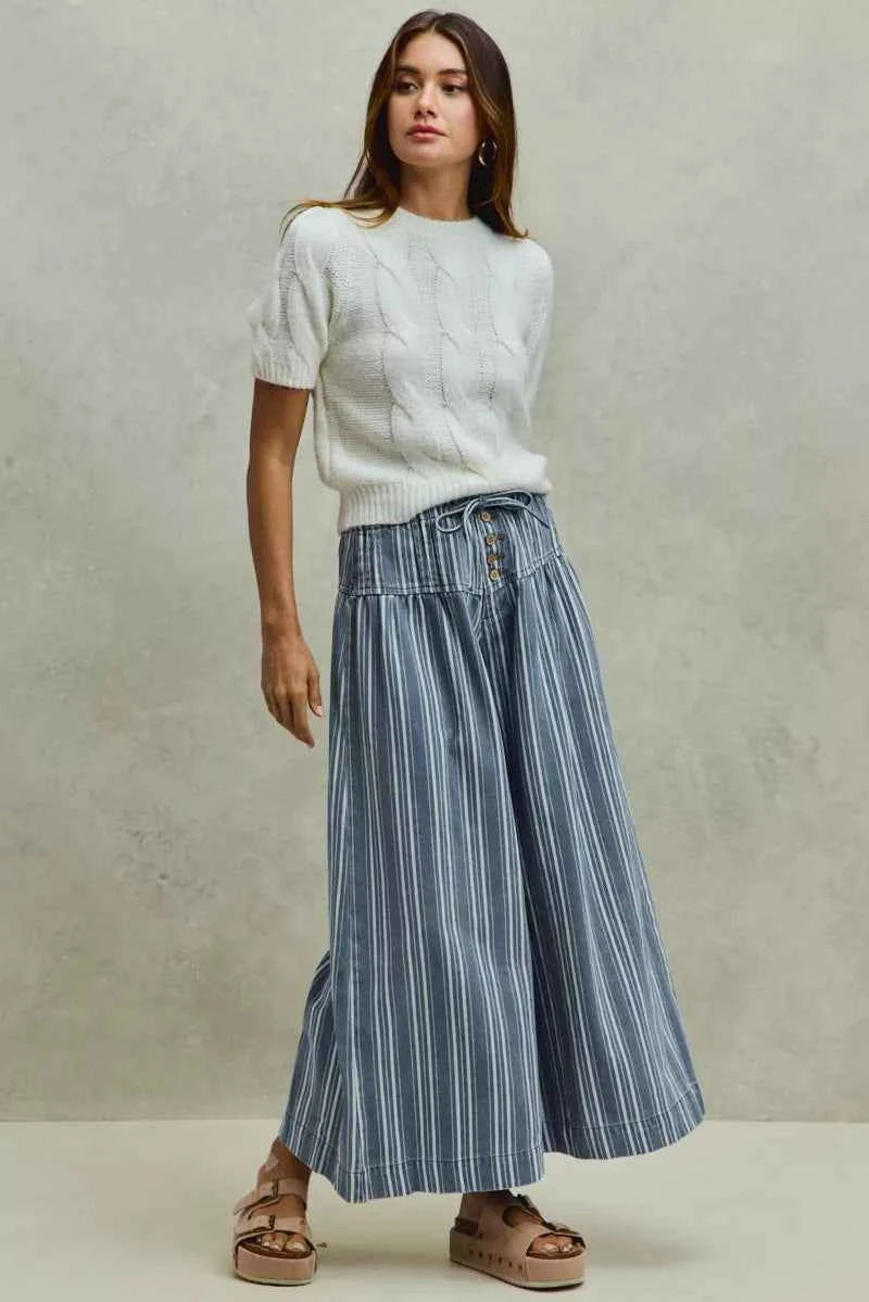 Mid Rise Stripe Denim Washed Pleat Wide Leg Pants w/ Pockets by SO ME Full View
