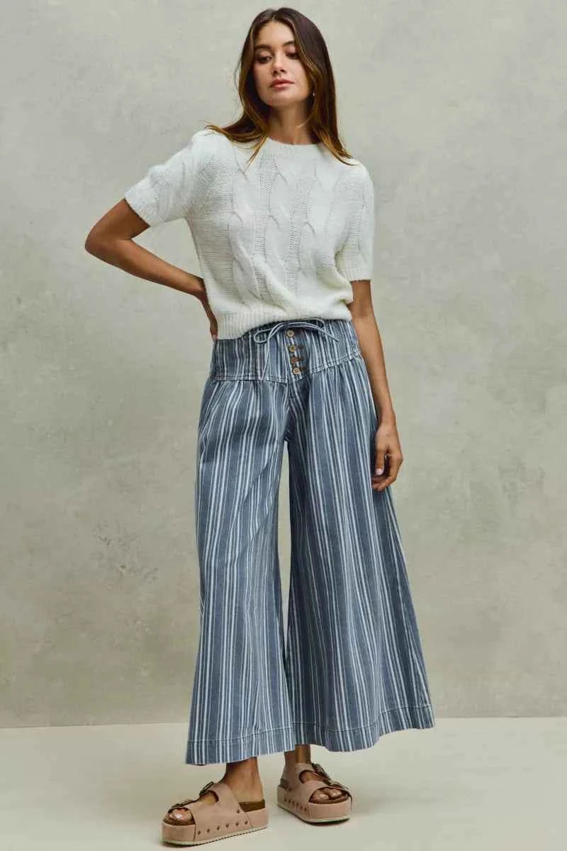 Mid Rise Stripe Denim Washed Pleat Wide Leg Pants w/ Pockets by SO ME Full View 2