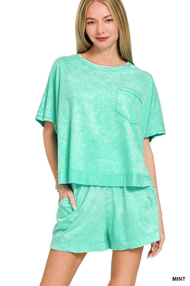 Mint Acid Washed Oversized Top & Shorts Set with Pockets by Zenana