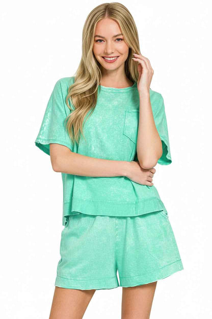 Mint Acid Washed Oversized Top & Shorts Set with Pockets by Zenana