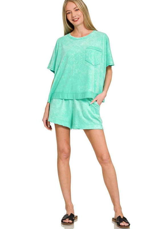 Mint Acid Washed Oversized Top & Shorts Set with Pockets by Zenana